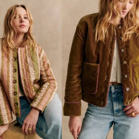 Sezane Dakota Reversible Jacket in Ochre Velvet Stripes 40 8